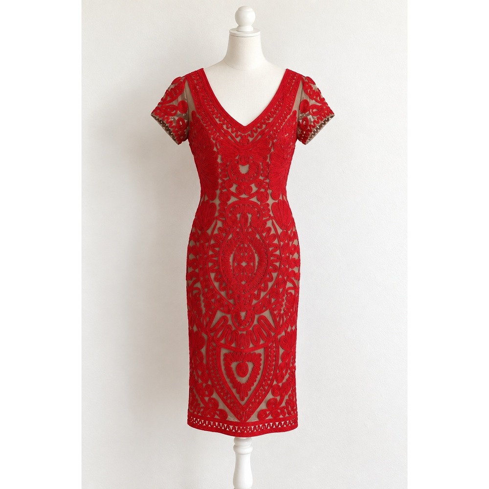 JS Collections Red Soutache Illusion Mesh Sheath Dress 6 Embroidered Midi